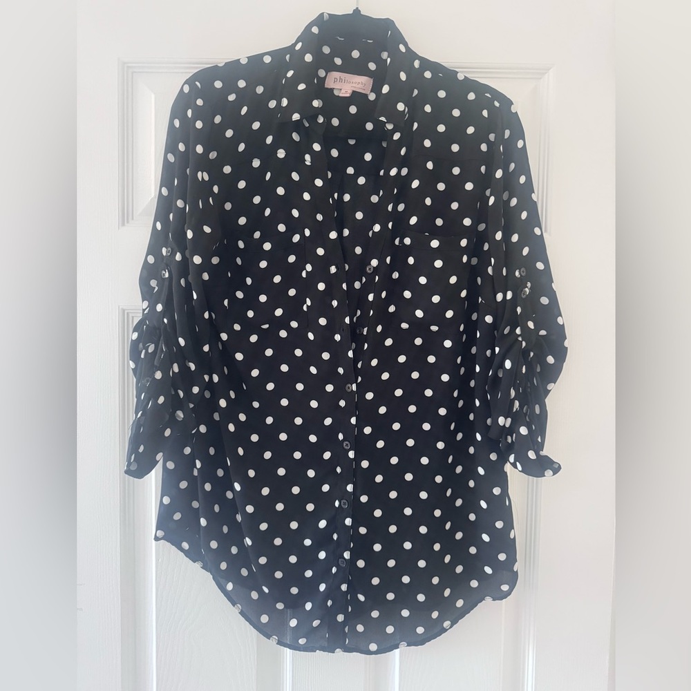 Philosophy Black and White Polka Dot Button Down Women’s Blouse, Size Medium